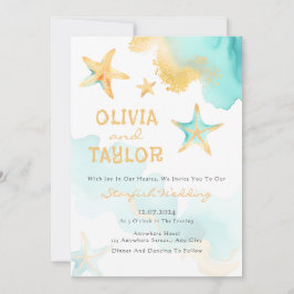 Invitation Aqua Et Or Aquarelle Plage Mariage Starfish
