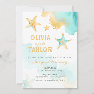 Invitation Aqua Et Or Aquarelle Plage Mariage Starfish