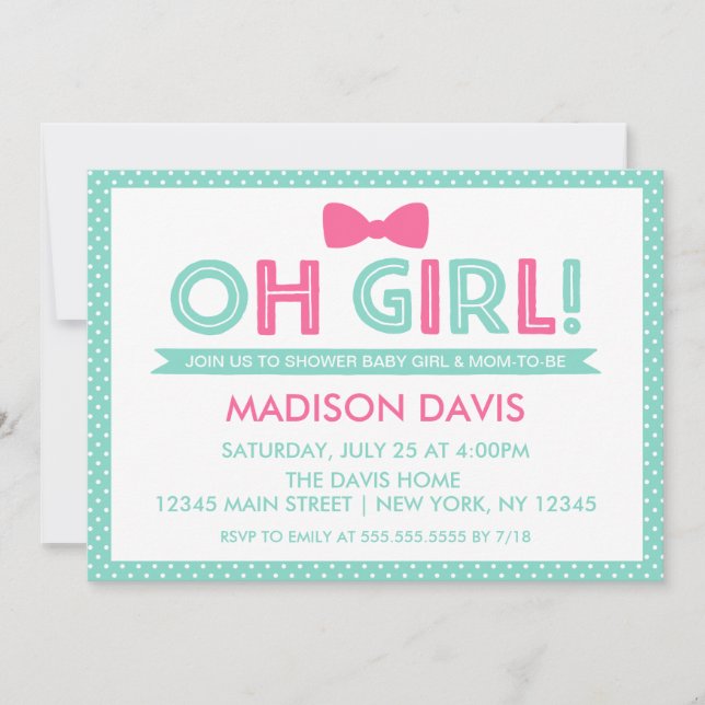 Invitation Aqua et Pink Polka Dot Oh Baby shower fille (Devant)