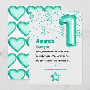 Invitation Aqua Foil Balloon et Confetti 1er anniversaire