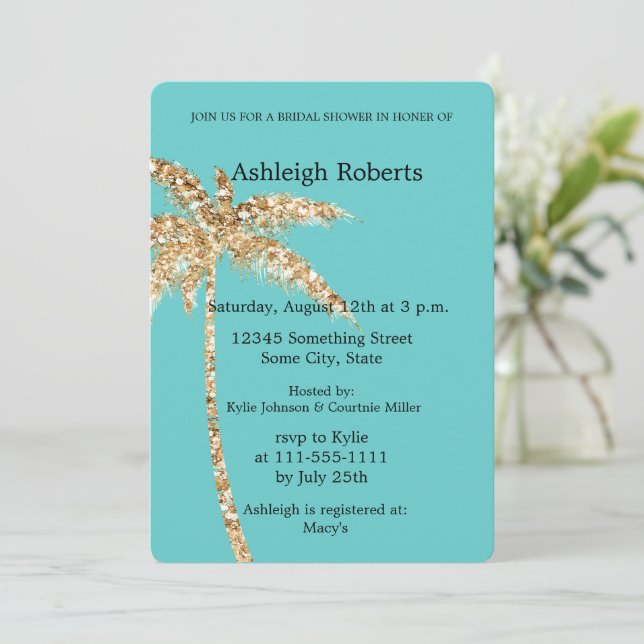 Invitation Aqua Gold Glitzy Gold Palm Tree Fête des mariées (Debout devant)