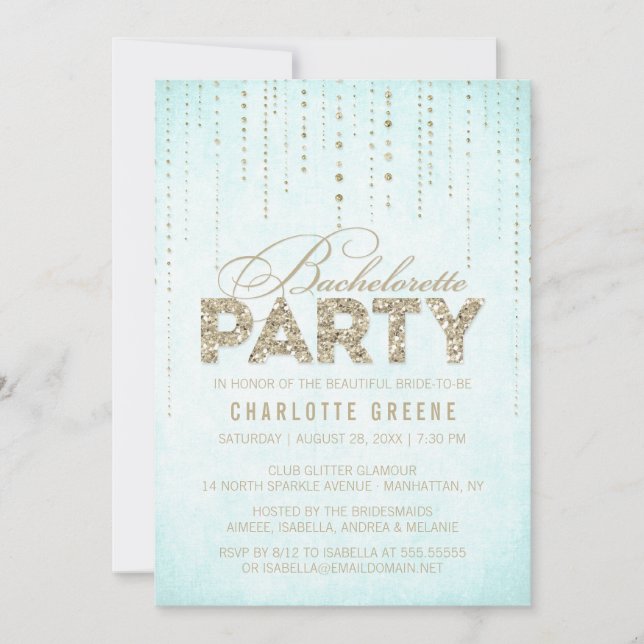Invitation Aqua & Gold Parties scintillant Look Bachelorette  (Devant)