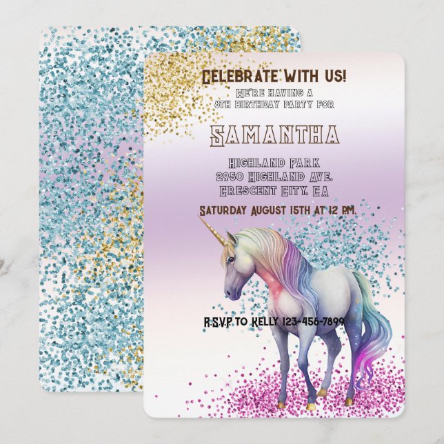 Invitation Aqua Gold rose Unicorn Parties scintillant (Devant / Derrière)