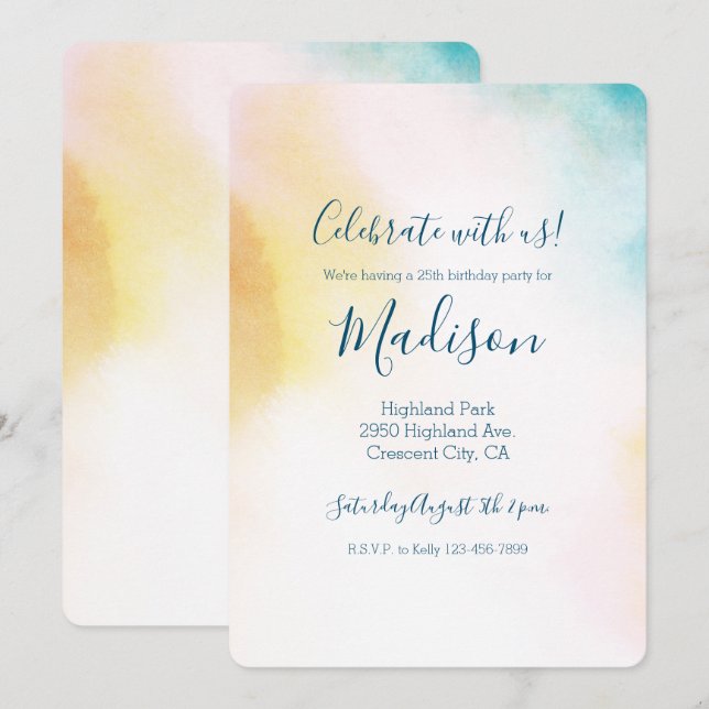 Invitation Aqua Jaune Or Blush Tie Dye Ombre (Devant / Derrière)