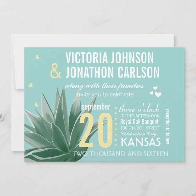 Invitation Aqua Jaune Succulent ModerneTypographie Mariage (Devant)