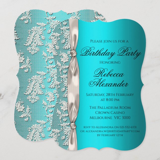 Invitation Aqua métallique et dentelle blanche Anniversaire (Devant / Derrière)