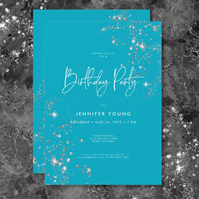Invitation Aqua minima moderne Diamants de verre blanc Aqua A (Modern Minimal Aqua White Glam Diamonds Birthday Invitation)