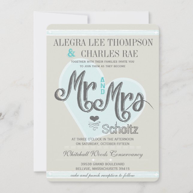 Invitation Aqua Mint M. et Mme Mariages de typographie (Devant)