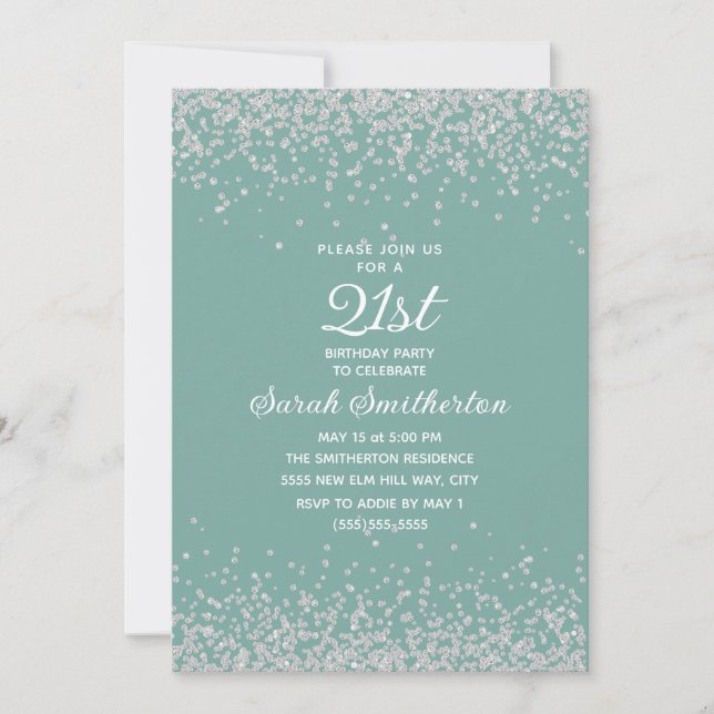 Invitation Aqua Mint Silver Diamond Parties scintillant 21e a (Devant)