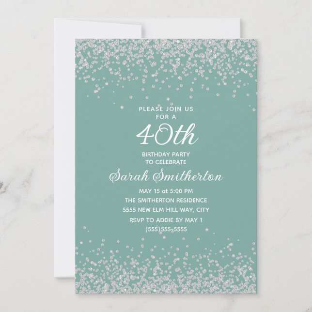 Invitation Aqua Mint Silver Diamond Parties scintillant 40e a (Devant)