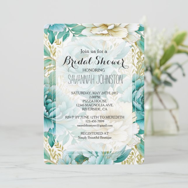 Invitation Aqua Mint White Cream Gold Floral Fête des mariées (Debout devant)