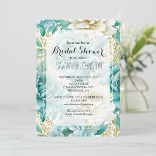 Invitation Aqua Mint White Cream Gold Floral Fête des mariées