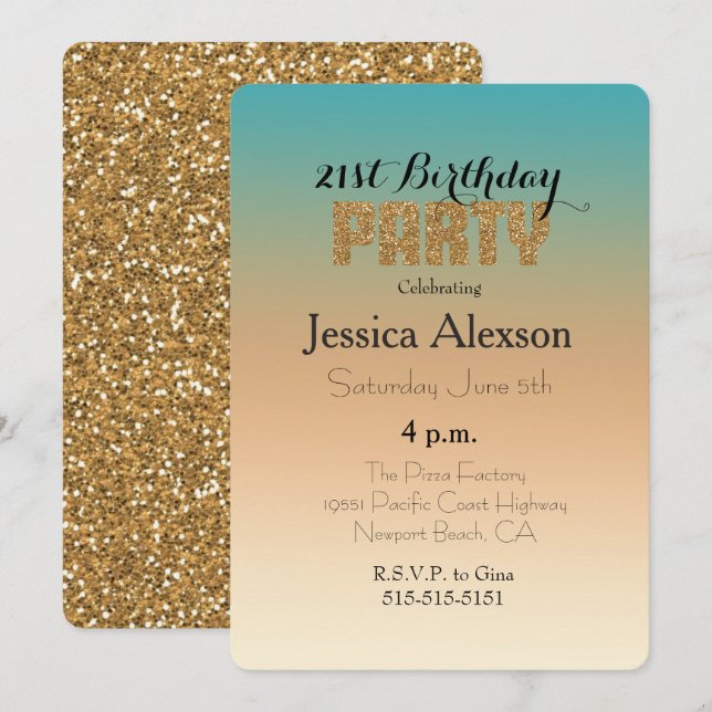 Invitation Aqua Peach Sunset Ombre Gold Parties scintillant (Devant / Derrière)