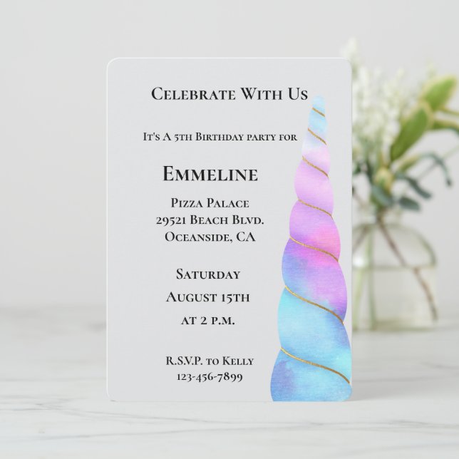 Invitation Aqua Pink Purple Unicorne Anniversaire (Debout devant)