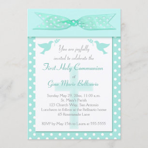 Invitation Aqua Polka Dot Première communion sainte Invitatio