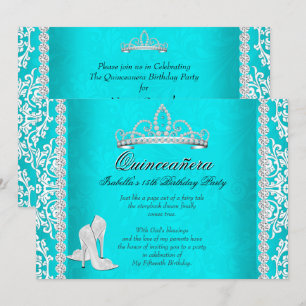 Invitation Aqua Quinceanera 15e anniversaire Tiara High Heels