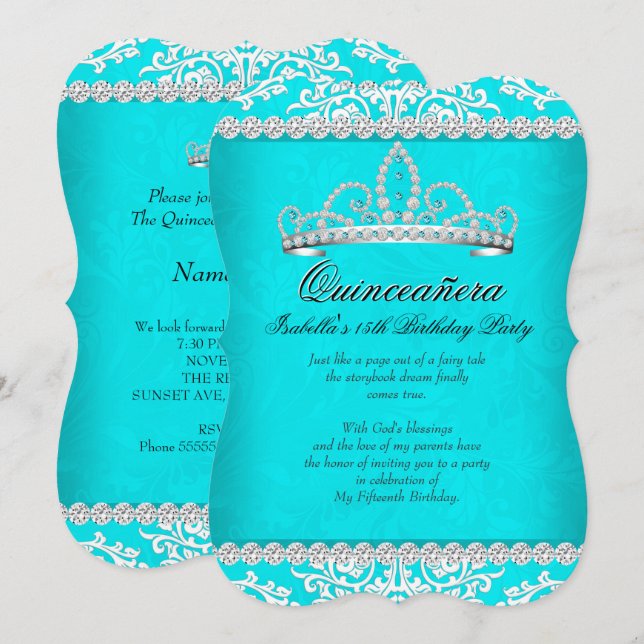 Invitation Aqua Quinceanera Turquoise 15ème anniversaire fête (Devant / Derrière)