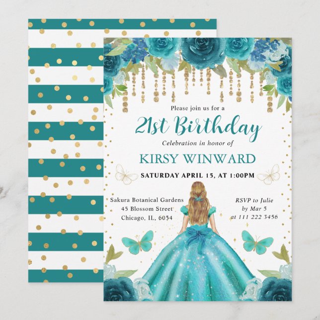 Invitation Aqua & Robe Turquoise Blonde Princess 21e annivers (Devant / Derrière)