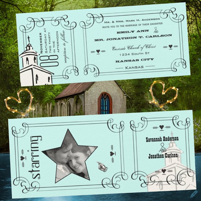 Invitation Aqua Romantic Chapelle Mariage de billet (Créateur téléchargé)