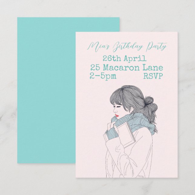 Invitation Aqua rose entre la fête d'anniversaire de la fille (Devant / Derrière)