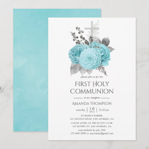 Invitation Aqua & Silver Vintage Shabby Rose Sainte Communion