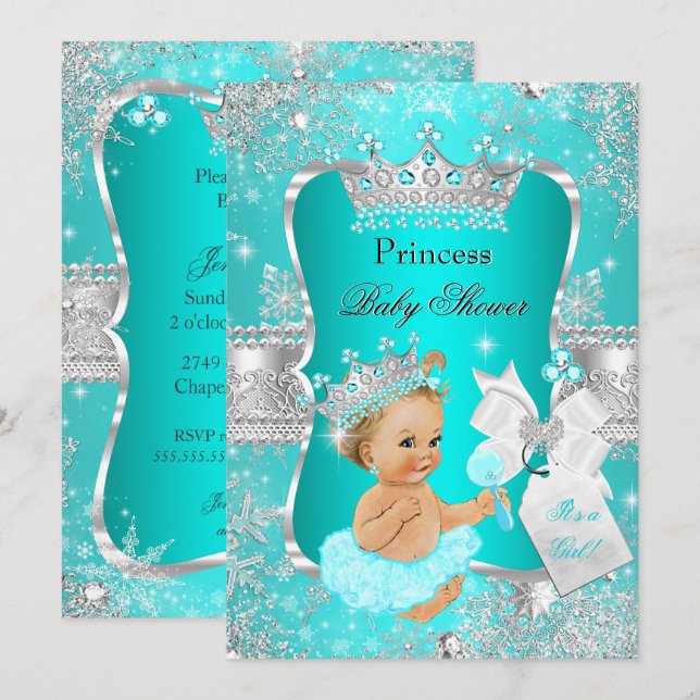 Invitation Aqua Turquoise Blue Princess Baby shower Blonde Gi (Devant / Derrière)