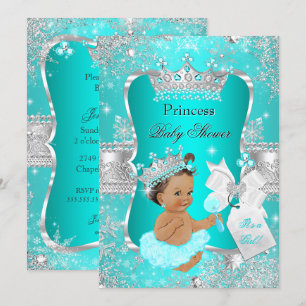 Invitation Aqua Turquoise Blue Princess Baby shower Brunette