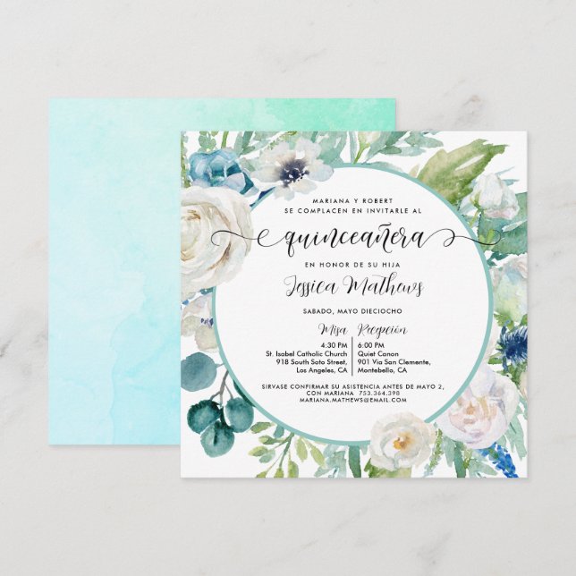 Invitation Aqua Turquoise Élégant Floral Quinceañera (Devant / Derrière)