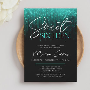 Invitation Aqua Turquoise Lights Black Sweet 16