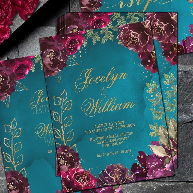 Invitation Aqua Turquoise Merlot Jewel Tone Mariage or (Aqua Teal Merlot Gold Jewel Tone Wedding Invitation)