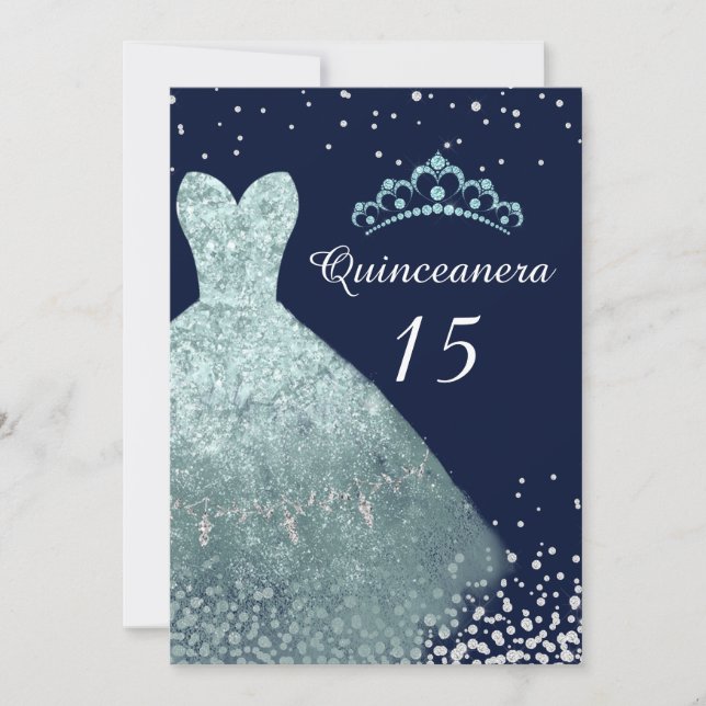 Invitation Aqua Turquoise Navy Blue Gown Quinceanera Party (Devant)