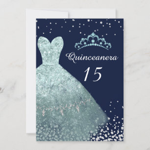 Invitation Aqua Turquoise Navy Blue Gown Quinceanera Party