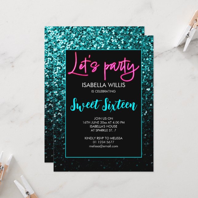 Invitation Aqua turquoise noir éclaboussures Sweet 16 néon la (Devant/Arrière en situation)