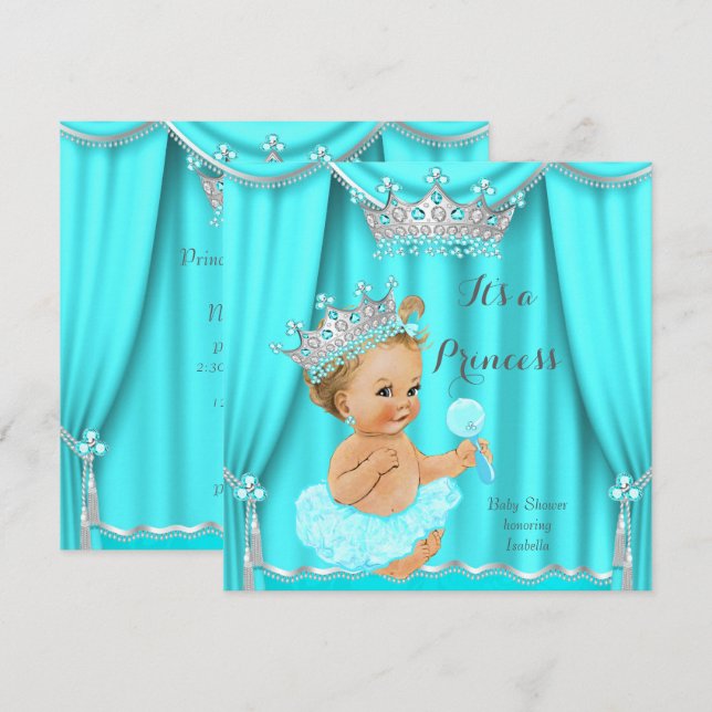 Invitation Aqua Turquoise Princess Baby shower Silver Blonde (Devant / Derrière)