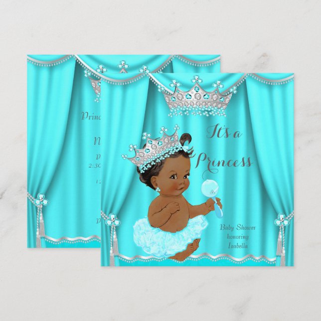 Invitation Aqua Turquoise Princess Baby shower Silver Ethnic (Devant / Derrière)