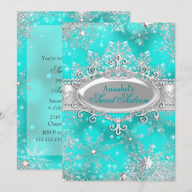 Invitation Aqua Turquoise Princess Winter Wonderland Sweet 16 (Devant / Derrière)