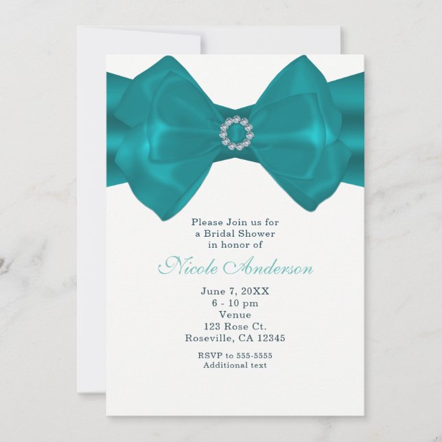 Invitation Aqua Turquoise Ruban & Diamants Élégantes Invitati (Devant)