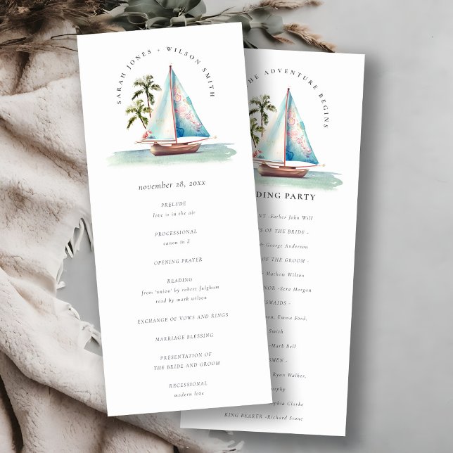 Invitation Aqua Turquoise Sailboat Palm Seascape Wedding Prog (Créateur téléchargé)