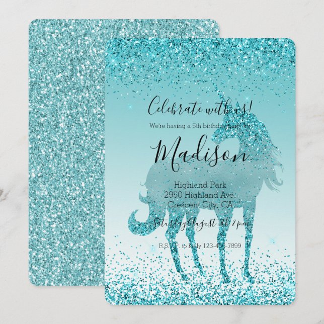 Invitation Aqua Turquoise Turquoise Sparkle Unicorn (Devant / Derrière)