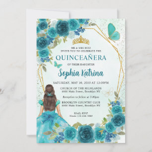 Invitation Aqua Turquoise Vert or Floral Princesse Quinceañer