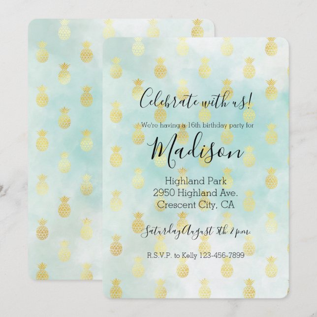 Invitation Aqua White Gold Tropical Glam Pineapples (Devant / Derrière)