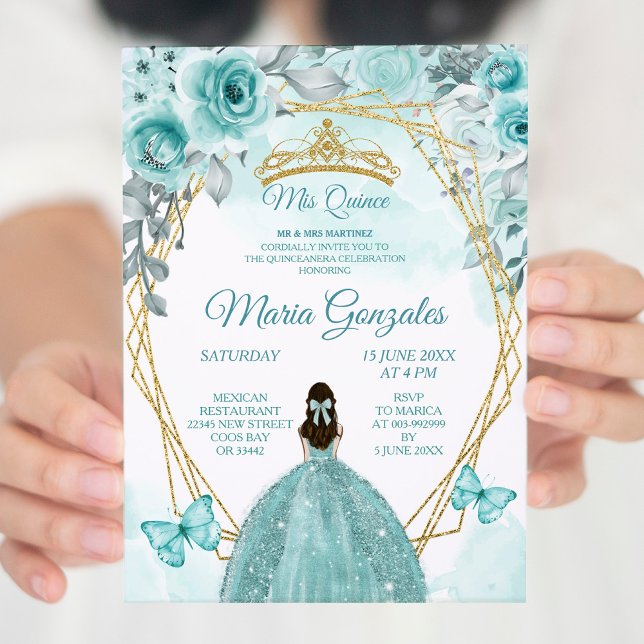 Invitation Aqual Turquoise Turquoise3 Papillon et Rose Mis Qu (Créateur téléchargé)