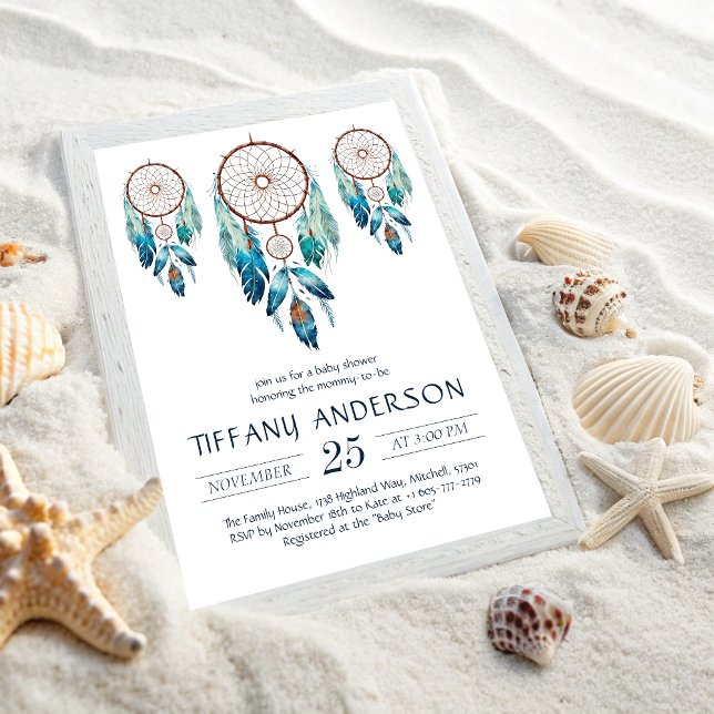 Invitation Aquamarine Baby shower Dreamcatcher (Aquamarine Watercolor Dreamcatcher Baby Shower Invitation)