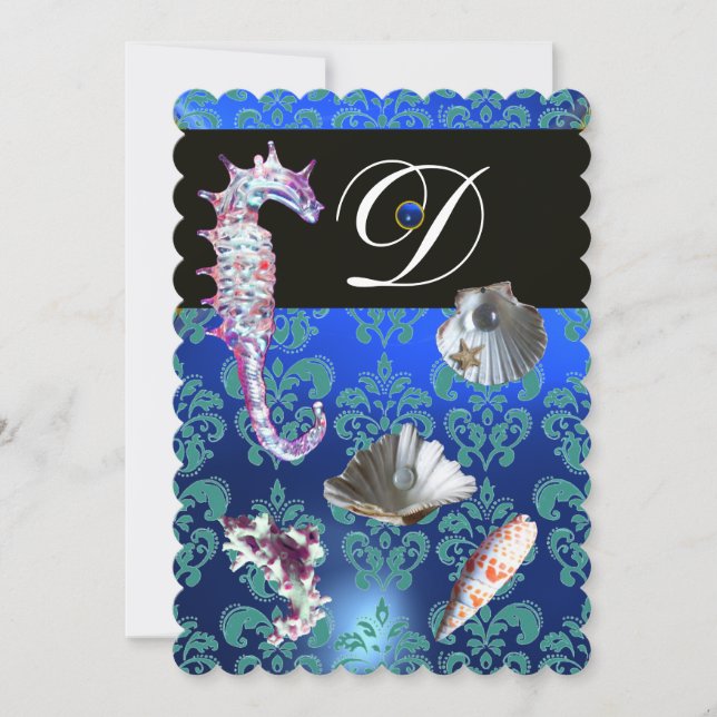 INVITATION AQUAMARINE BLEU DAMAS MONOGRAMME MARIAGE (Devant)