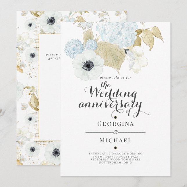 Invitation Aquamarine Bleu Or Floral ANNIVERSAIRE DE MARIAGE (Devant / Derrière)