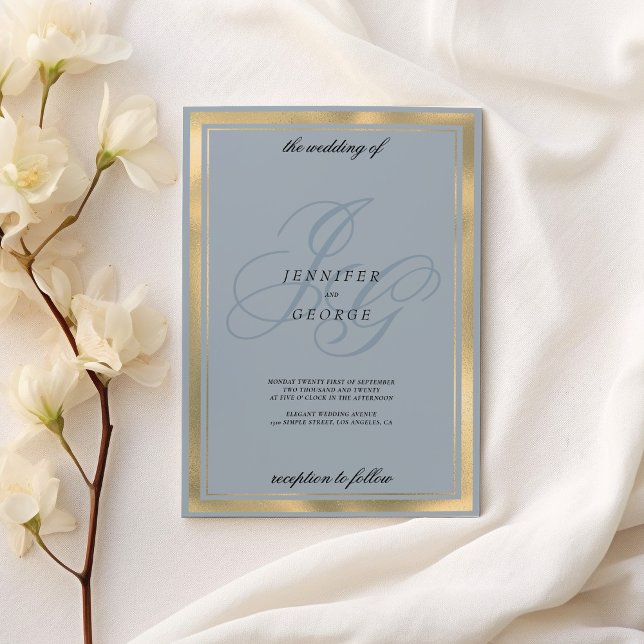 Invitation Aquamarine bleu or monogramme initiales mariage (Aquamarine blue gold monogram initials wedding )