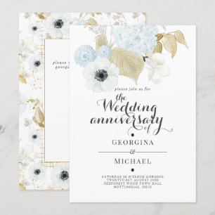Invitation Aquamarine Blue Gold Floral MARIAGE ANNIVERSAIRE