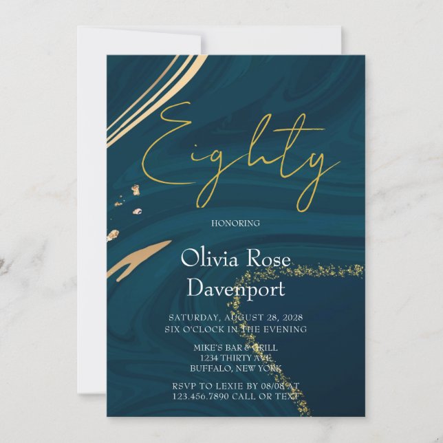 Invitation Aquamarine Gold Alcohol Ink 80e fête d'anniversair (Devant)