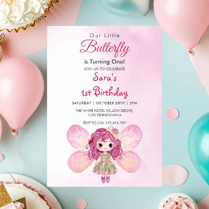 Invitation Aquarelle 1er Anniversaire Papillon de fille rose