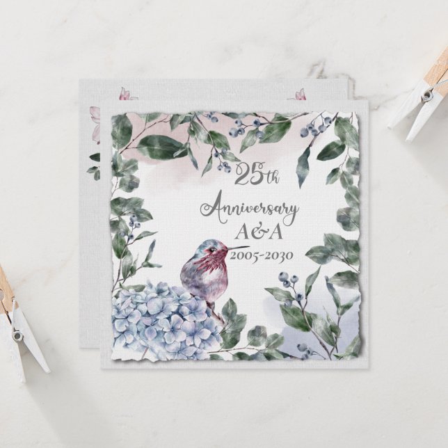 Invitation Aquarelle 25e anniversaire Fleurs roses et oiseaux (Devant/Arrière en situation)